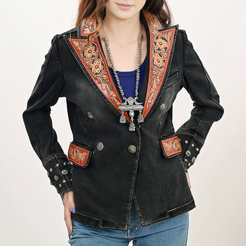 Western Style Denim Blazer with Authentic Harness Leather Detailing