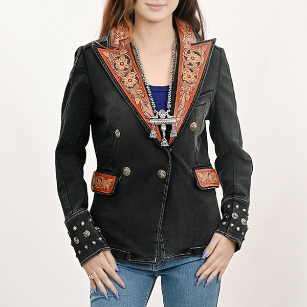 LC-ADBZ048 Black Double-Breasted Cowgirl Blazer with Hand-Tooled Leather Accents - Western Statement Jacket