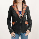 LC-ADBZ048 Black Double-Breasted Cowgirl Blazer with Hand-Tooled Leather Accents - Western Statement Jacket