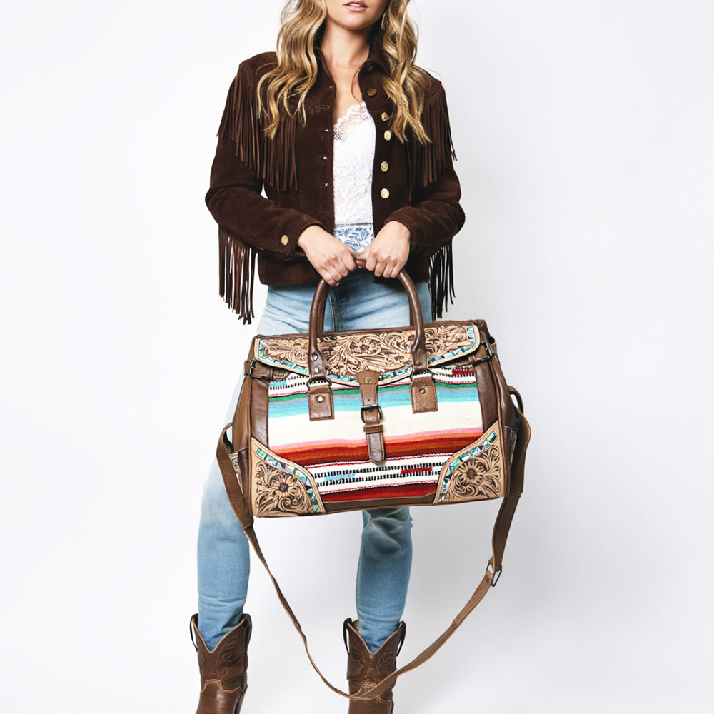ADBG1191 Western Genuine Travel Duffel Leather Bag -Floral Carving Hand Tooled with Turquoise Inley Women Bag