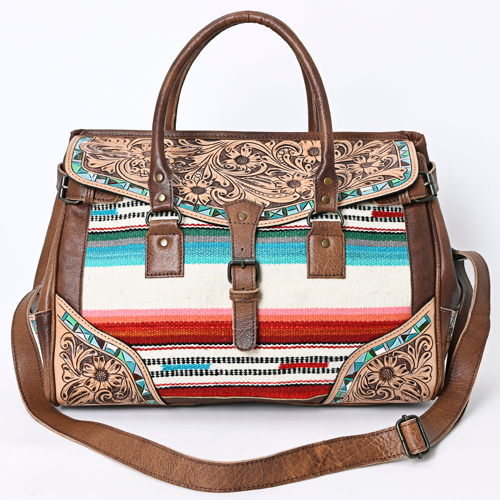 ADBG1191 Western Genuine Travel Duffel Leather Bag -Floral Carving Hand Tooled with Turquoise Inley Women Bag