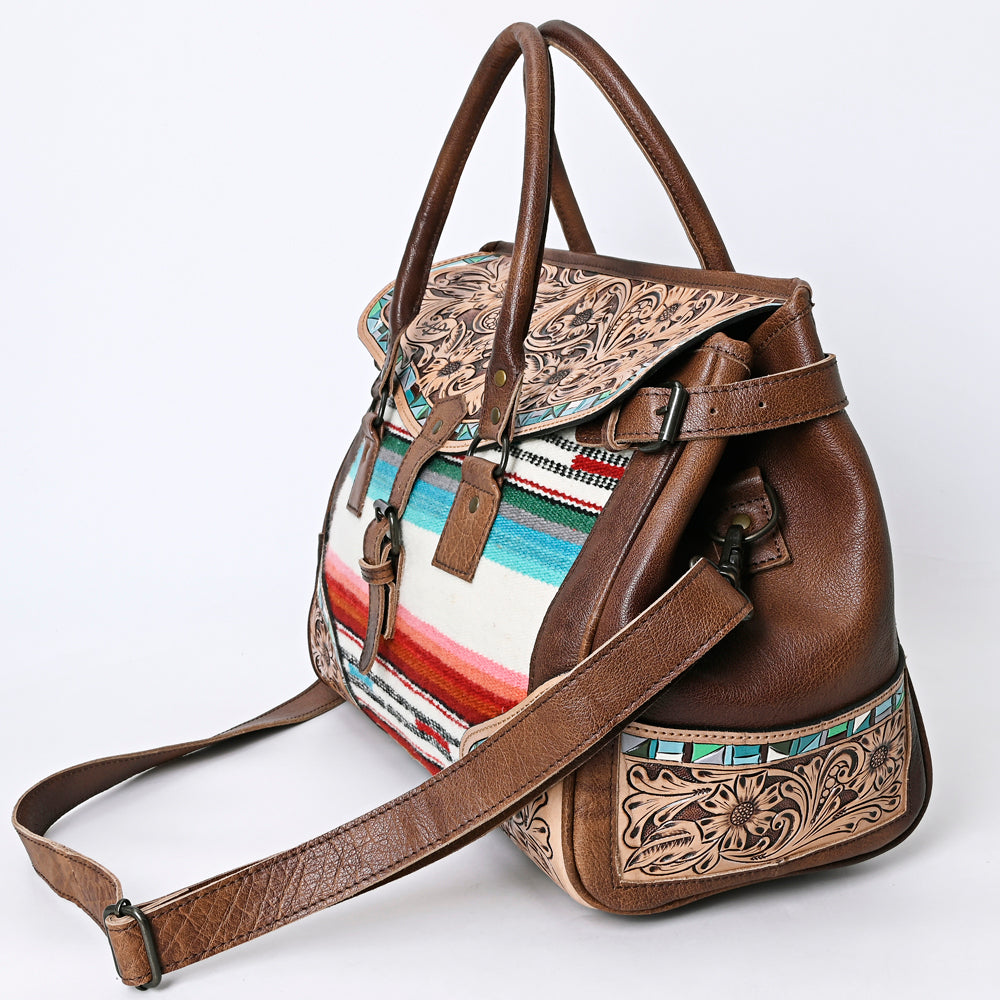 ADBG1191 Western Genuine Travel Duffel Leather Bag -Floral Carving Hand Tooled with Turquoise Inley Women Bag