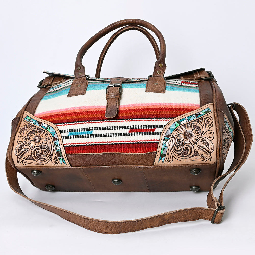 ADBG1191 Western Genuine Travel Duffel Leather Bag -Floral Carving Hand Tooled with Turquoise Inley Women Bag