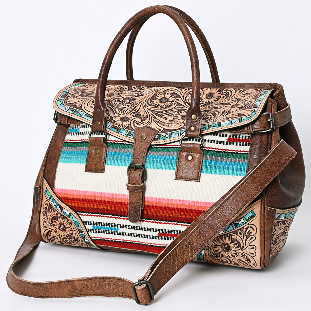 ADBG1191 Western Genuine Travel Duffel Leather Bag -Floral Carving Hand Tooled with Turquoise Inley Women Bag