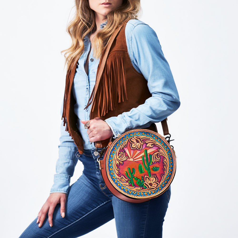 American Darling Western Canteen Bag Hand Tooled Genuine Leather Crossbody