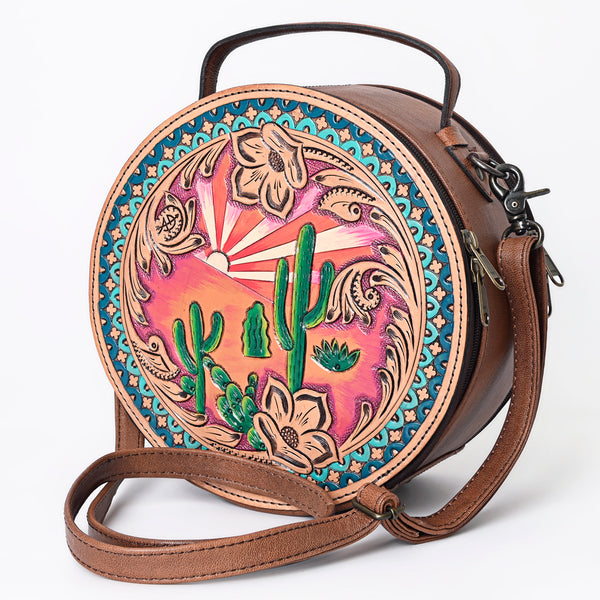 LC-ADBG1192 Round Western Leather Crossbody Bag - Painted Desert Sunrise & Cactus Tooled Scene