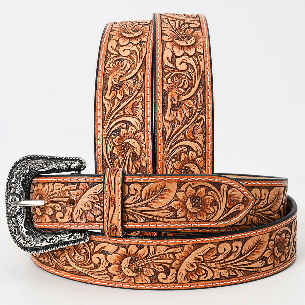 ADBLF220 Tan Hand-Tooled Leather Belt with Classic Floral Design & Silver Buckle