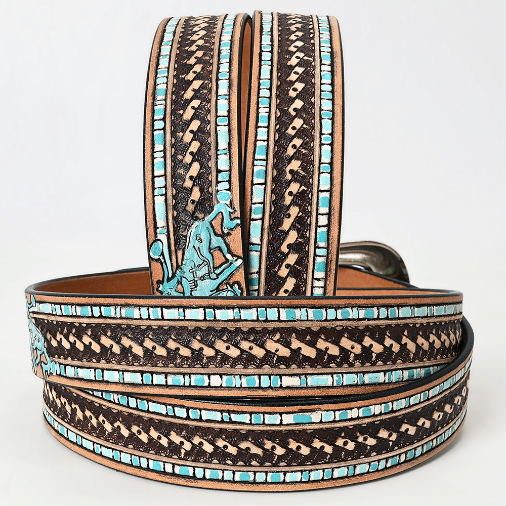 ADBLF221 Turquoise Rodeo Cowboy Hand-Tooled Leather Belt with Silver Buckle