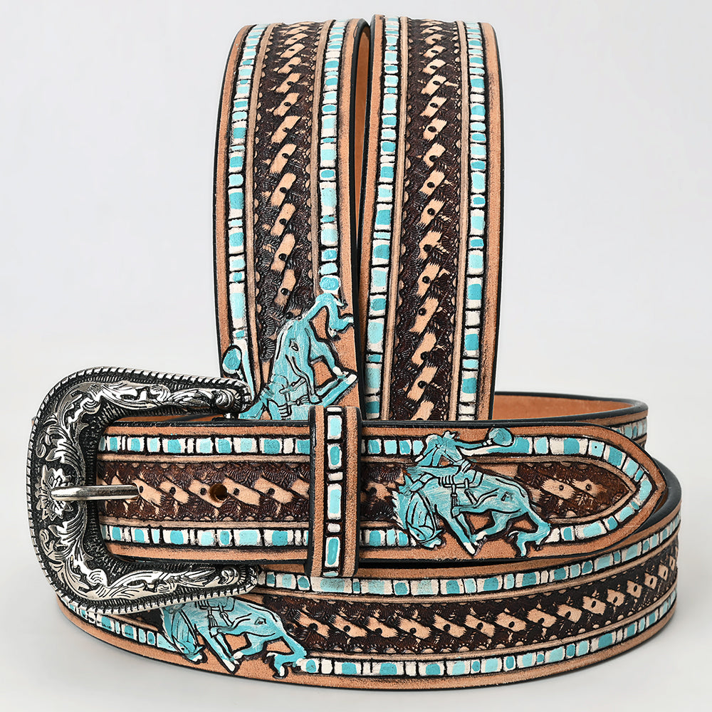 ADBLF221 Turquoise Rodeo Cowboy Hand-Tooled Leather Belt with Silver Buckle