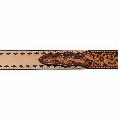 ADBLF223 Natural Tooled Leather Western Belt with Diamond Cutouts and Silver Buckle