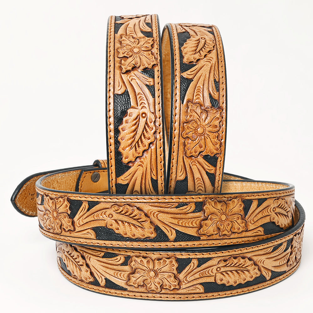 ADBLF225 Black & Tan Hand Tooled Leather Western Belt with Silver Buckle