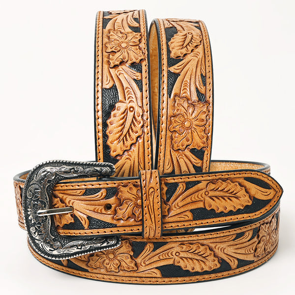 ADBLF225 Black & Tan Hand Tooled Leather Western Belt with Silver Buckle