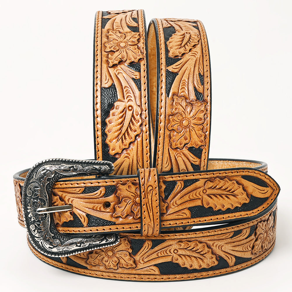 ADBLF225 Black & Tan Hand Tooled Leather Western Belt with Silver Buckle