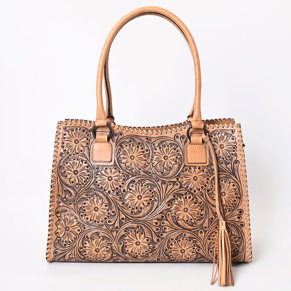 ADBGZ768 Natural Tooled Leather Tote Bag with Tassel - Western Floral Handbag