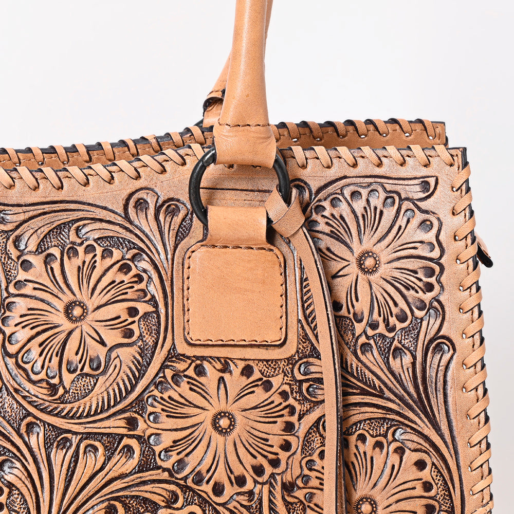 ADBGZ768 Natural Tooled Leather Tote Bag with Tassel - Western Floral Handbag