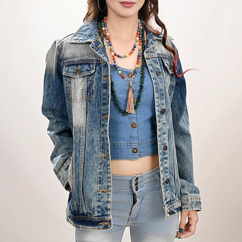 LC-ADJKT030 Women's Western Denim Jacket with Tooled Sunflower Yoke & Turquoise Feather Fringe Detail