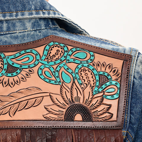 LC-ADJKT030 Women's Western Denim Jacket with Tooled Sunflower Yoke & Turquoise Feather Fringe Detail