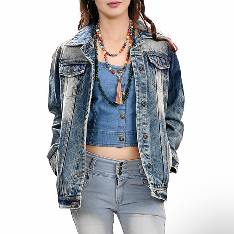 LC-ADJKT030 Women's Western Denim Jacket with Tooled Sunflower Yoke & Turquoise Feather Fringe Detail