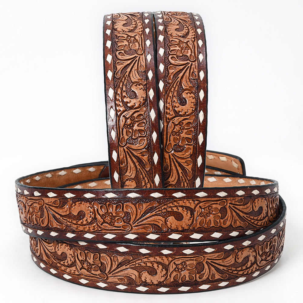 ADBLF175 Classic Western Handtooled Leather Belt - Floral Pattern with Matching Buckle