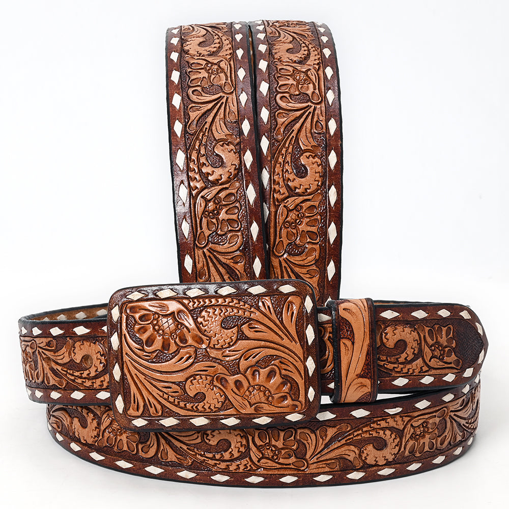 ADBLF175 Classic Western Handtooled Leather Belt - Floral Pattern with Matching Buckle