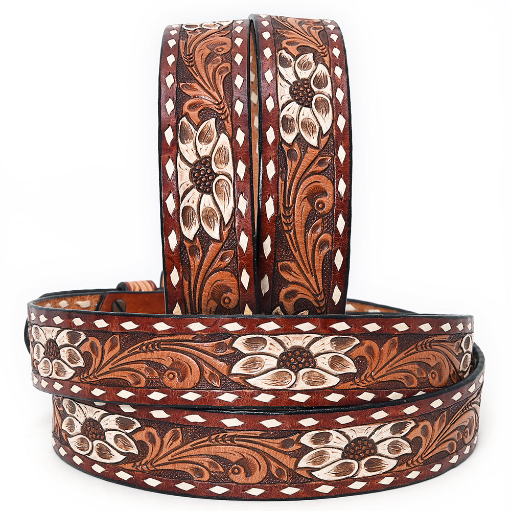 ADBLF178 Handtooled Western Leather Belt - White Floral Inlay with Scroll Pattern