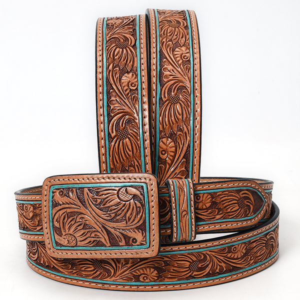 ADBLF179 Handtooled Western Leather Belt - Turquoise-Edge Floral Scroll with Matching Buckle