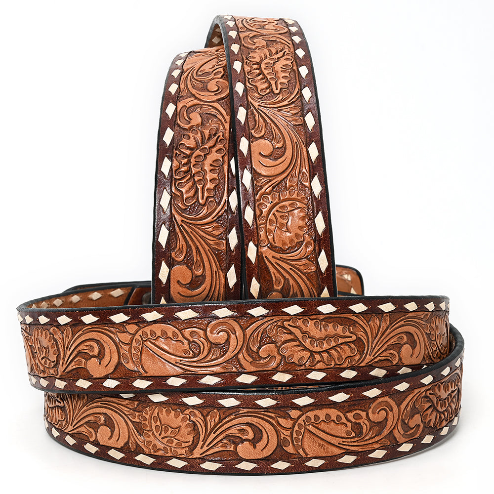 ADBLF181 Handtooled Western Leather Belt - Classic Floral Scroll with Matching Buckle