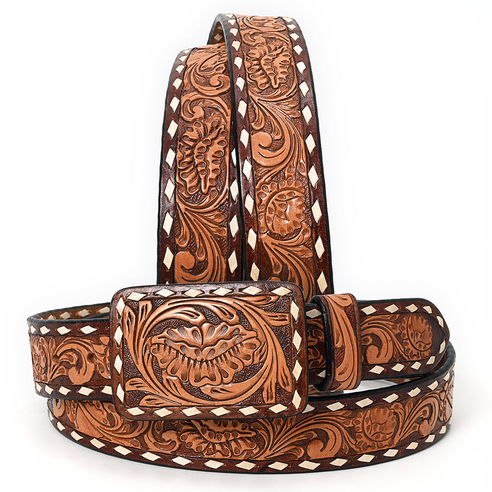 ADBLF181 Handtooled Western Leather Belt - Classic Floral Scroll with Matching Buckle