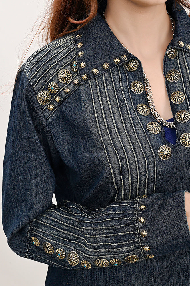 ADDR001 Women's Denim Embroidered Ethnic Tunic Top with Antique Metal Accents