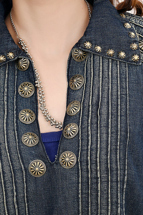 American Darling Western Denim Tunic Top Studded Pleated Shirt