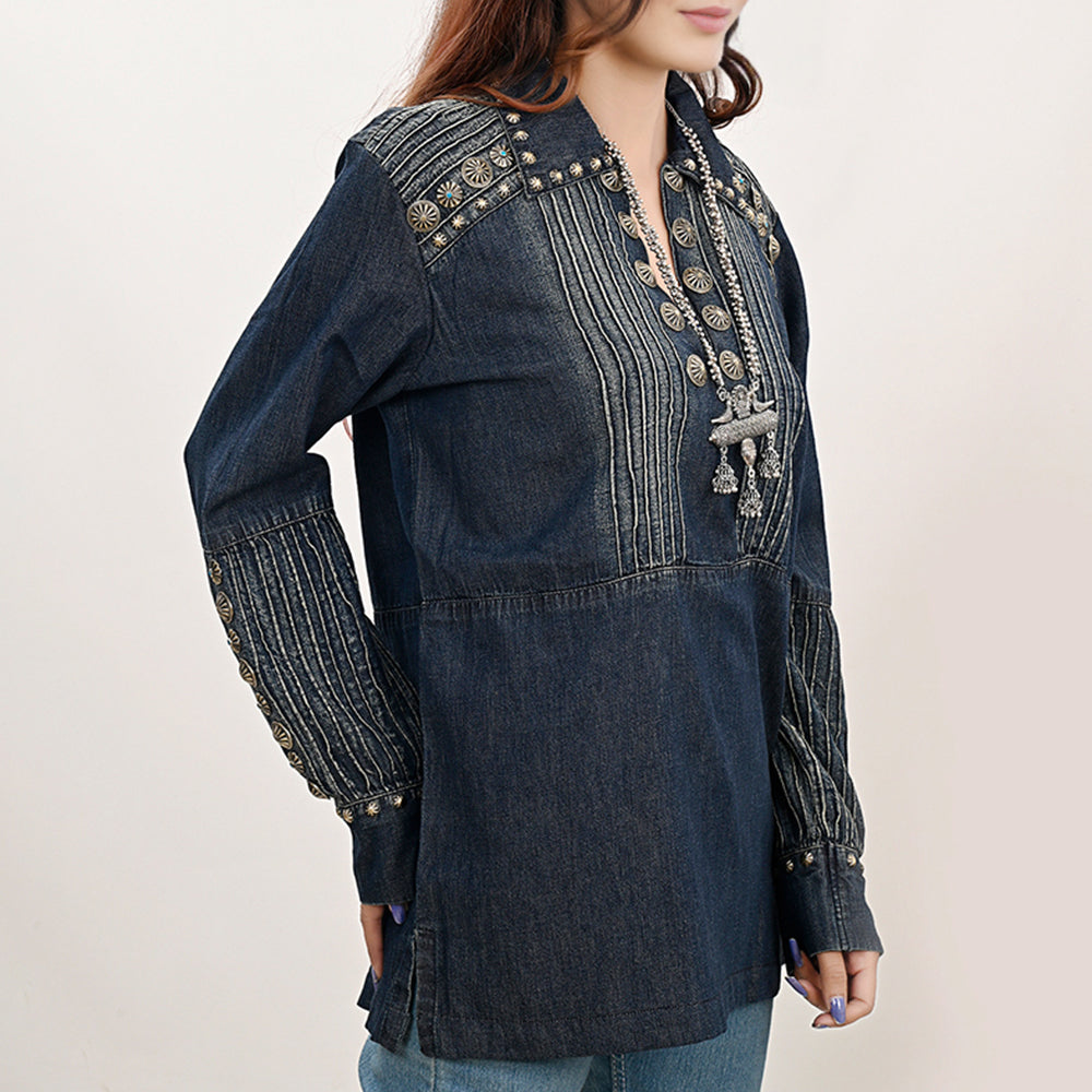 ADDR001 Women's Denim Embroidered Ethnic Tunic Top with Antique Metal Accents