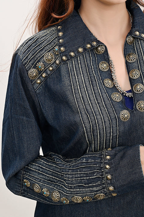 American Darling Western Denim Tunic Top Studded Pleated Shirt