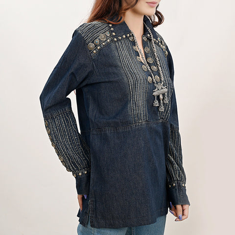 American Darling Western Denim Tunic Top Studded Pleated Shirt