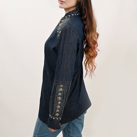 American Darling Western Denim Tunic Top Studded Pleated Shirt