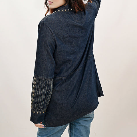 American Darling Western Denim Tunic Top Studded Pleated Shirt
