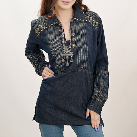 American Darling Western Denim Tunic Top Studded Pleated Shirt