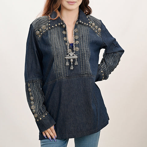 American Darling Western Denim Tunic Top Studded Pleated Shirt