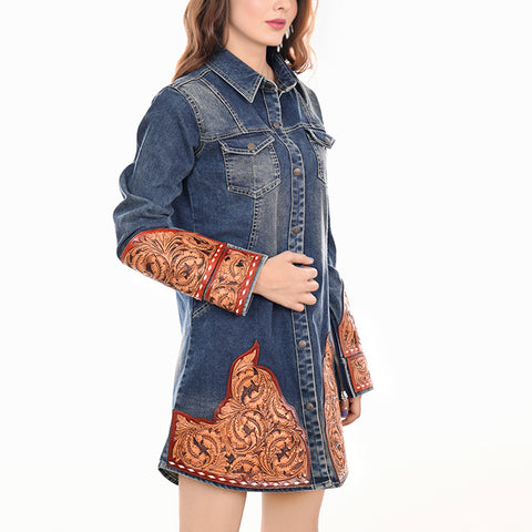 American Darling Denim Button Down Dress Tooled Leather Floral Detail