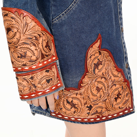 American Darling Denim Button Down Dress Tooled Leather Floral Detail