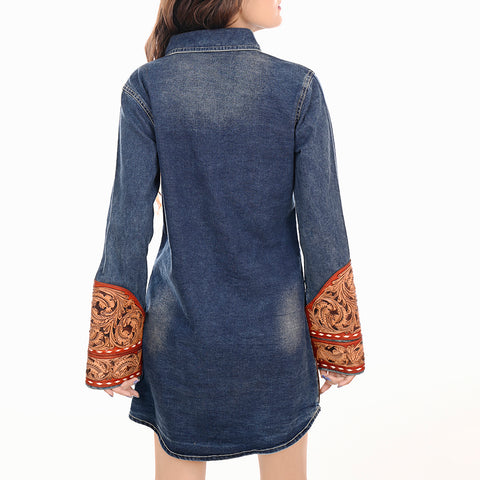 American Darling Denim Button Down Dress Tooled Leather Floral Detail