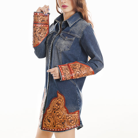 American Darling Denim Button Down Dress Tooled Leather Floral Detail