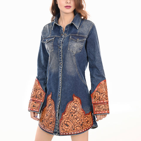 American Darling Denim Button Down Dress Tooled Leather Floral Detail