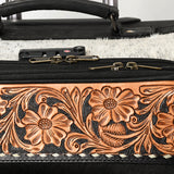 ADBG1576 Western Rolling Luggage - Black & White Hair-On Hide with Floral Tooled Leather