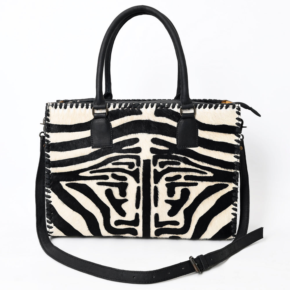 ADBG229 Printed Hair-On Hide Leather Tote with Brown Strap and Stitch Detailing