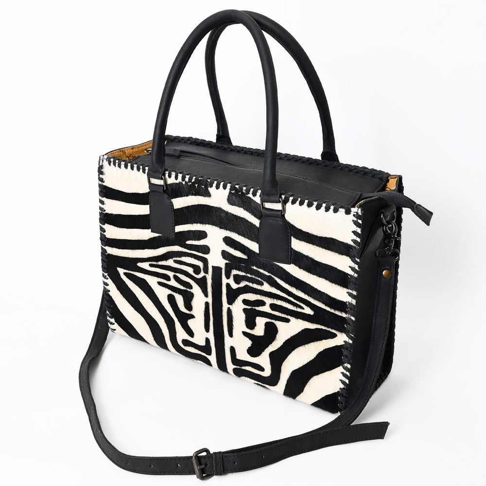 ADBG229 Printed Hair-On Hide Leather Tote with Brown Strap and Stitch Detailing