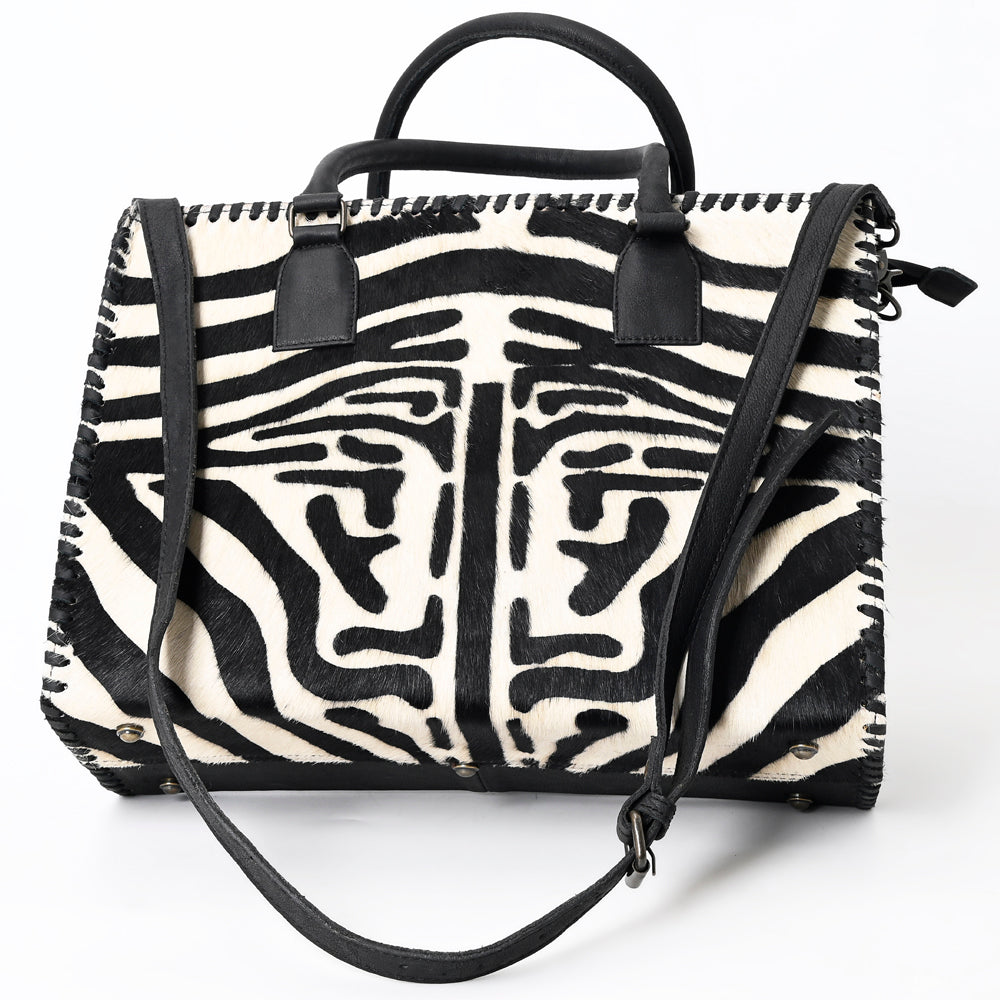 ADBG229 Printed Hair-On Hide Leather Tote with Brown Strap and Stitch Detailing