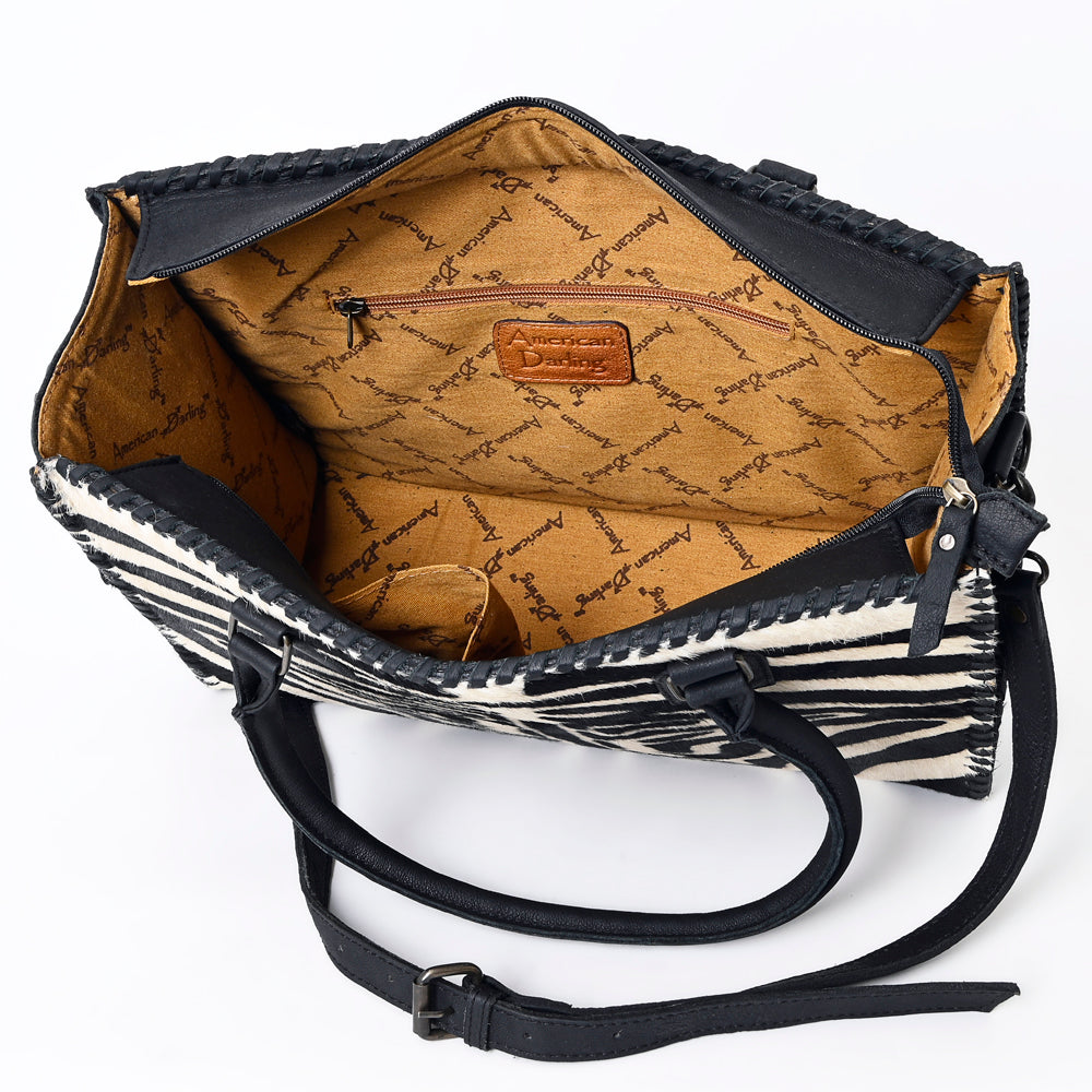 ADBG229 Printed Hair-On Hide Leather Tote with Brown Strap and Stitch Detailing