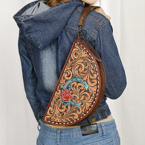 American Darling Hand-Tooled Leather Taco Handbag ï¿½ Western Floral Carved Genuine Leather Clutch