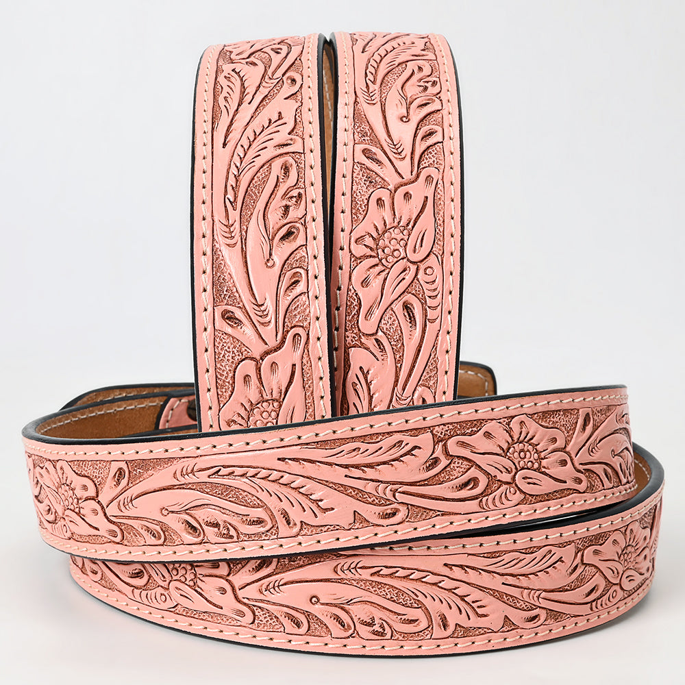 LC-ADBLF234 Light Pink Tooled Leather Belt with Matching Floral Buckle