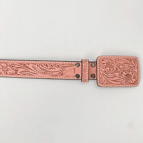 LC-ADBLF234 Light Pink Tooled Leather Belt with Matching Floral Buckle